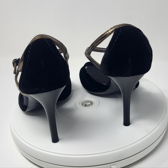 Cole Haan Black Velvet & Brassy Gold Open Toe Stilletto T-Strap Heels - Picture 9 of 16